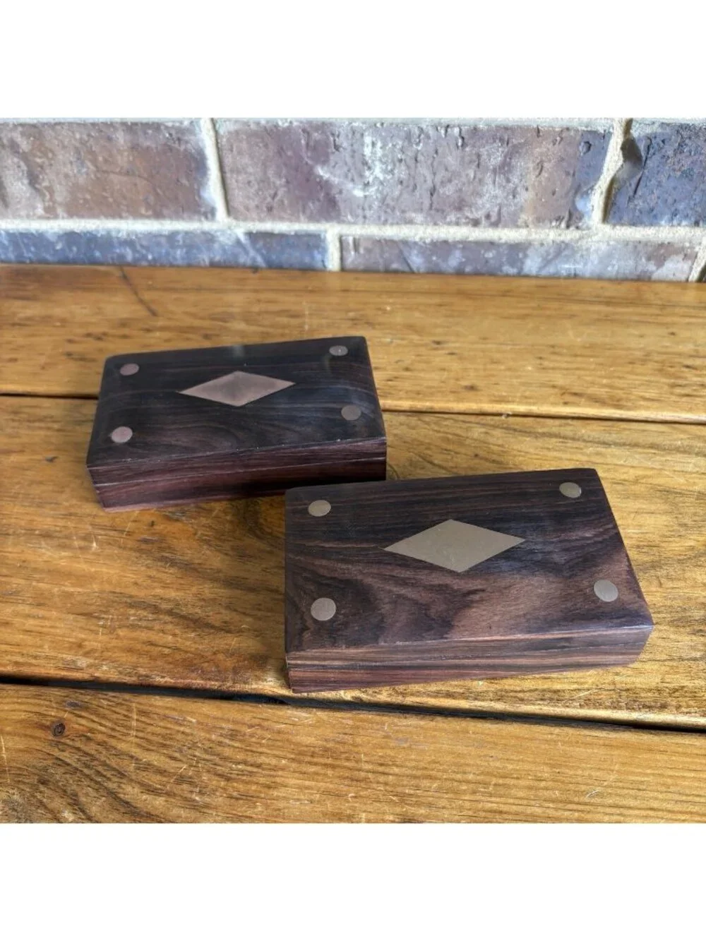 2 Wooden Trinket Boxes Brass Inlay Diamond Top Measurements In Photos